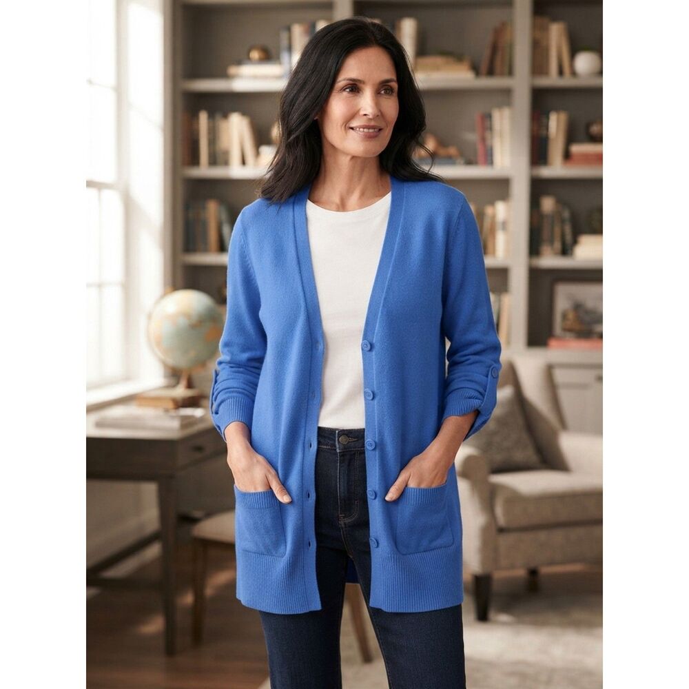 Chaus Longline V-Neck Button Cardigan - Blue XL pATCH pOCKETS